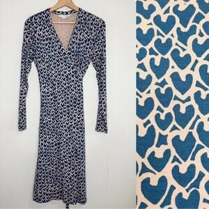 BODEN Heart Patterned Blue Jersey Wrap Dress Size 8